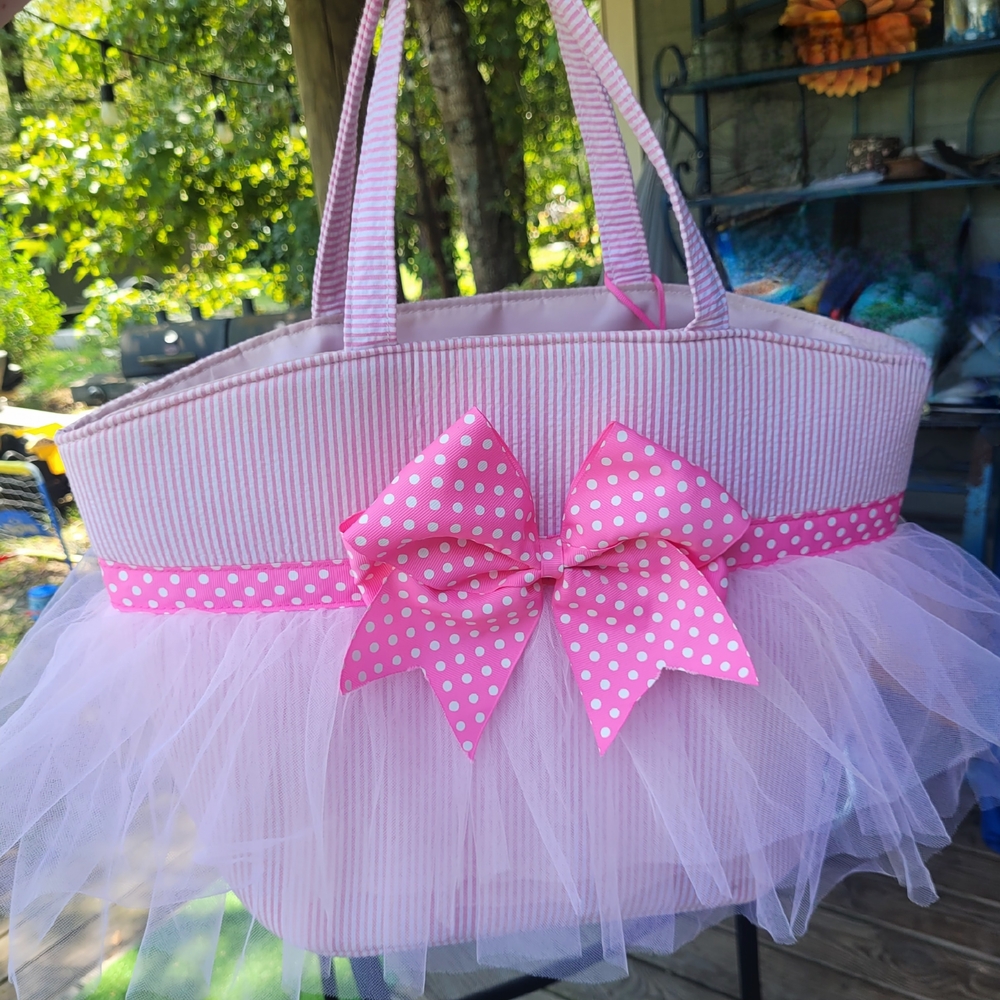New W/ Tags Mud Pie Pink Striped TUTU Tote with Polka Dot Bow and Tulle